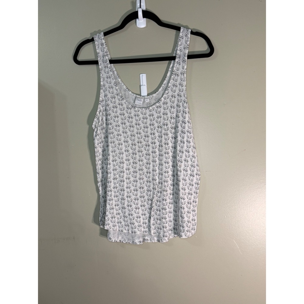 Twik Simons White Cat Print Tank Top Sleeveless Scoop Neck Cotton Blend Medium